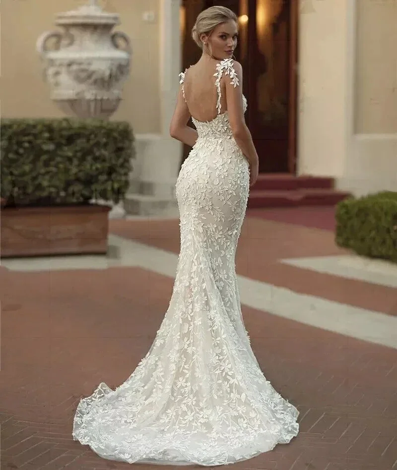 مثير حورية البحر الدانتيل فستان الزفاف الخامس الرقبة عارية الذراعين السباغيتي الأشرطة العاج بوهو فستان زفاف سويب تراين مخصص