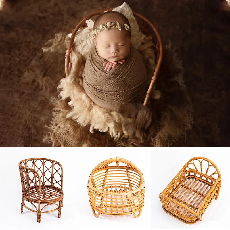 Rattan Chair Props Newborn Photography Retro Basket Crib Baby Posing Baby Sofa Studio Shooting Photo Props Accessories