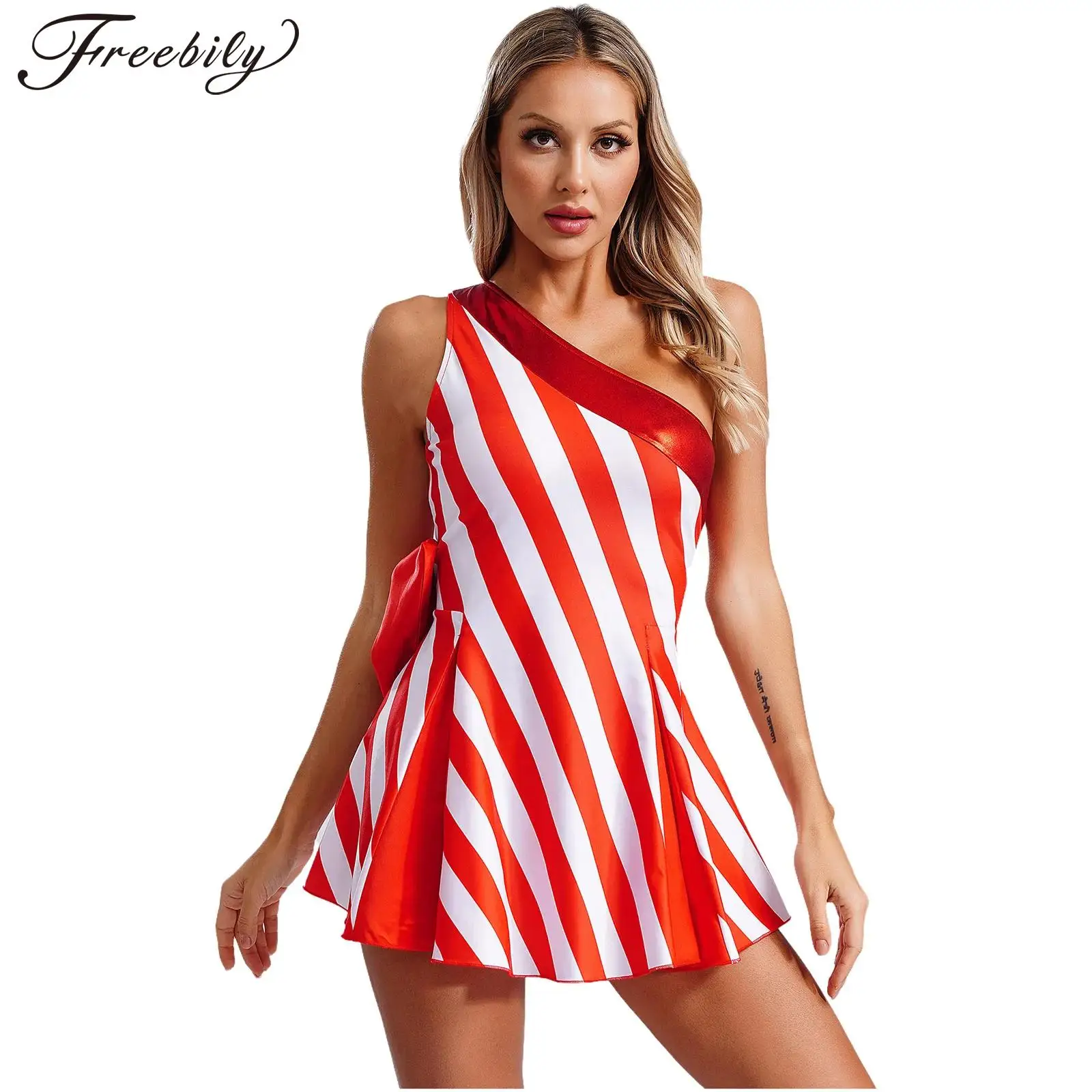 Women Christmas Party Candy Cane Dress Single Shoulder Sleeveless Bow Knot Stripes Mini Dresses Xmas Carnival Cosplay Costume