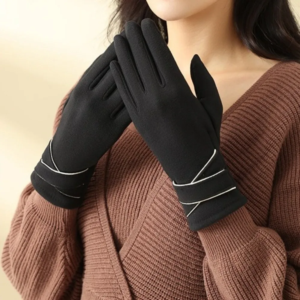 Sarung tangan Suede wanita, Antik tebal tahan angin mewah layar sentuh tetap hangat jari penuh musim dingin