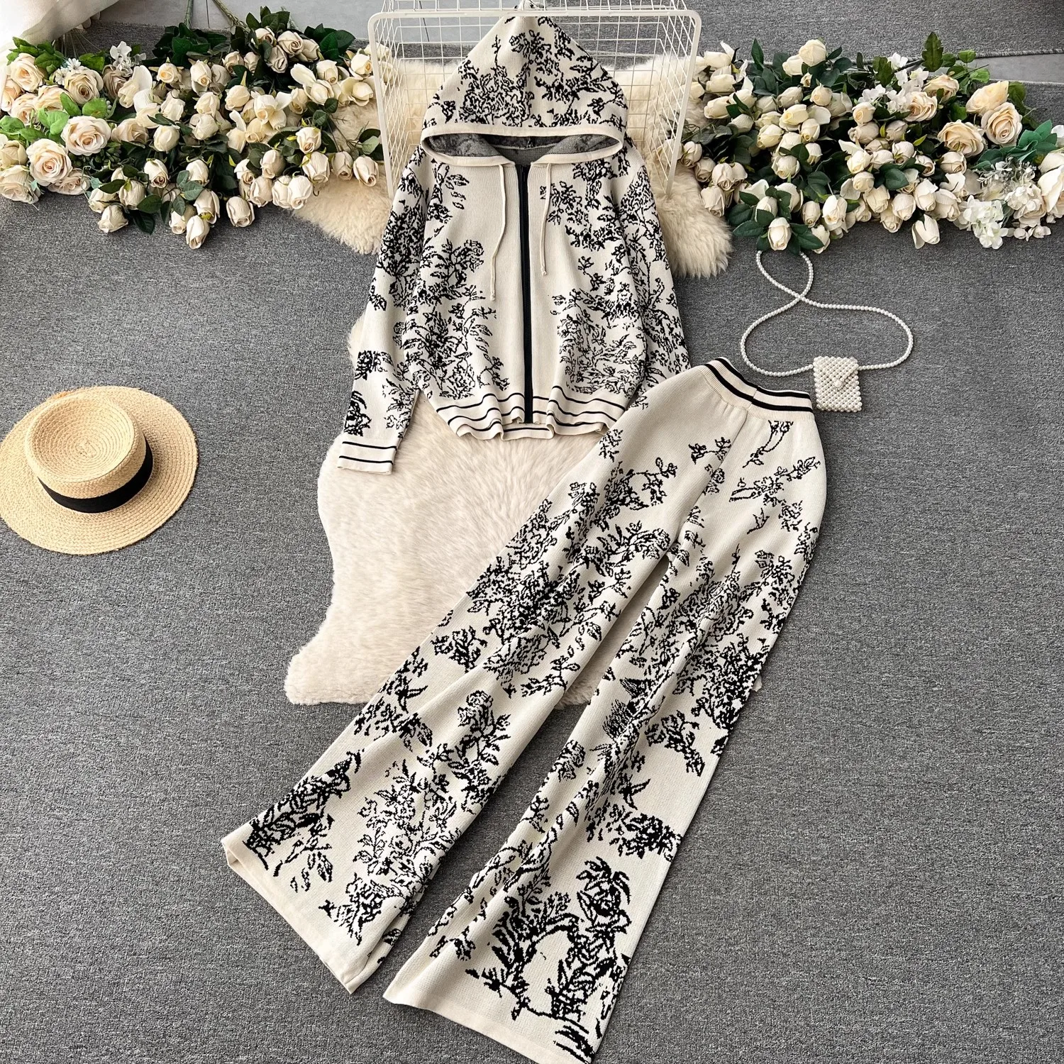 Fashion Floral Print Knitted Two Piece Set Women Autumn Winter Long Sleeve Hooded Cardigan + Pants Suit Outfits