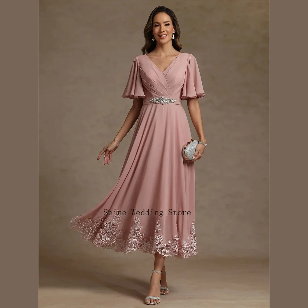 Customized Midi Dress Chiffon Mother of the Bride Dress Crystal Belt V Neck Flutter Sleeve A Line Evening Party Dresses