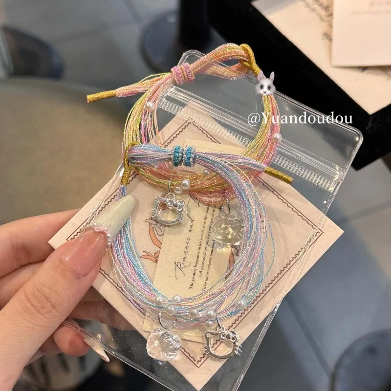 

Girly Heart Hello Kitty Anime Kawaii Sanrio Colorful Rope Bracelet for Wome Cute Adjustable Bracelet Birthday Gifts for Kids