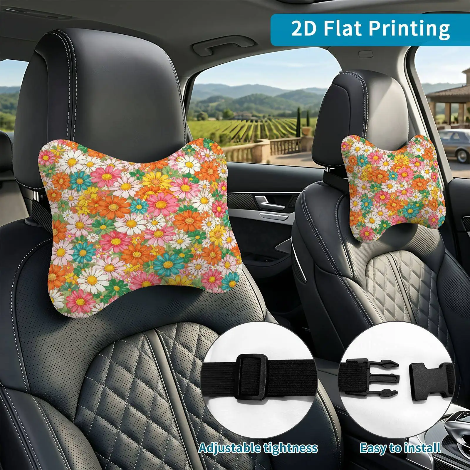 2pcs Floral Daisy Pattern Car Seat Headrest, Neck Support Cushion, Suitable For All Seasons Of Car Additions, Floral-Daisy Theme