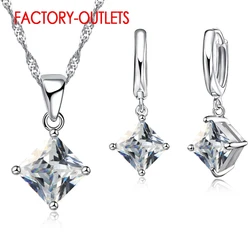 Genuine 925 Sterling Silver Bridal Jewelry Sets Fashion Jewelry Classic Square Cubic Zirconia Women Girls Engagement Anniversary