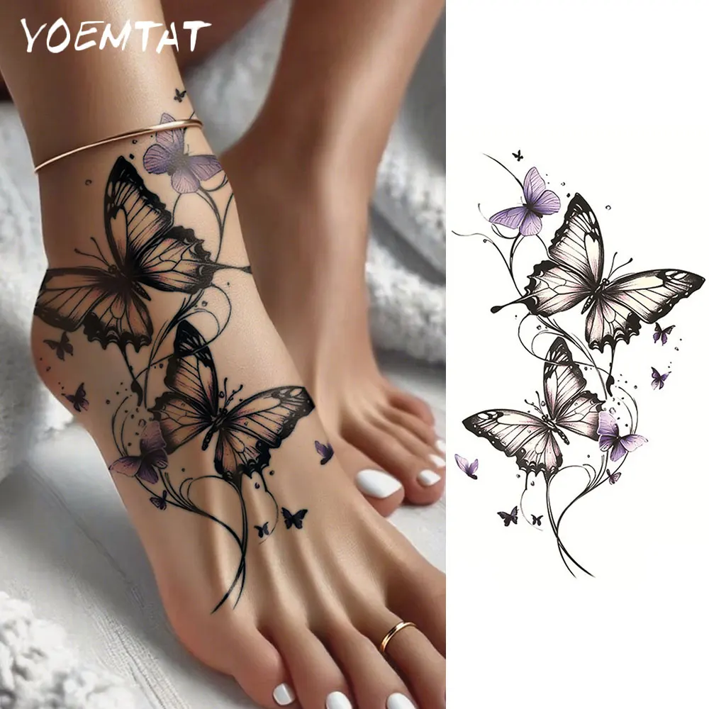 Waterproof Temporary Tattoo Sticker  Butterfly Flower Line Pattern Body Art Arm Fake Tattoos Sleeve For Women Men Hands Shoulder
