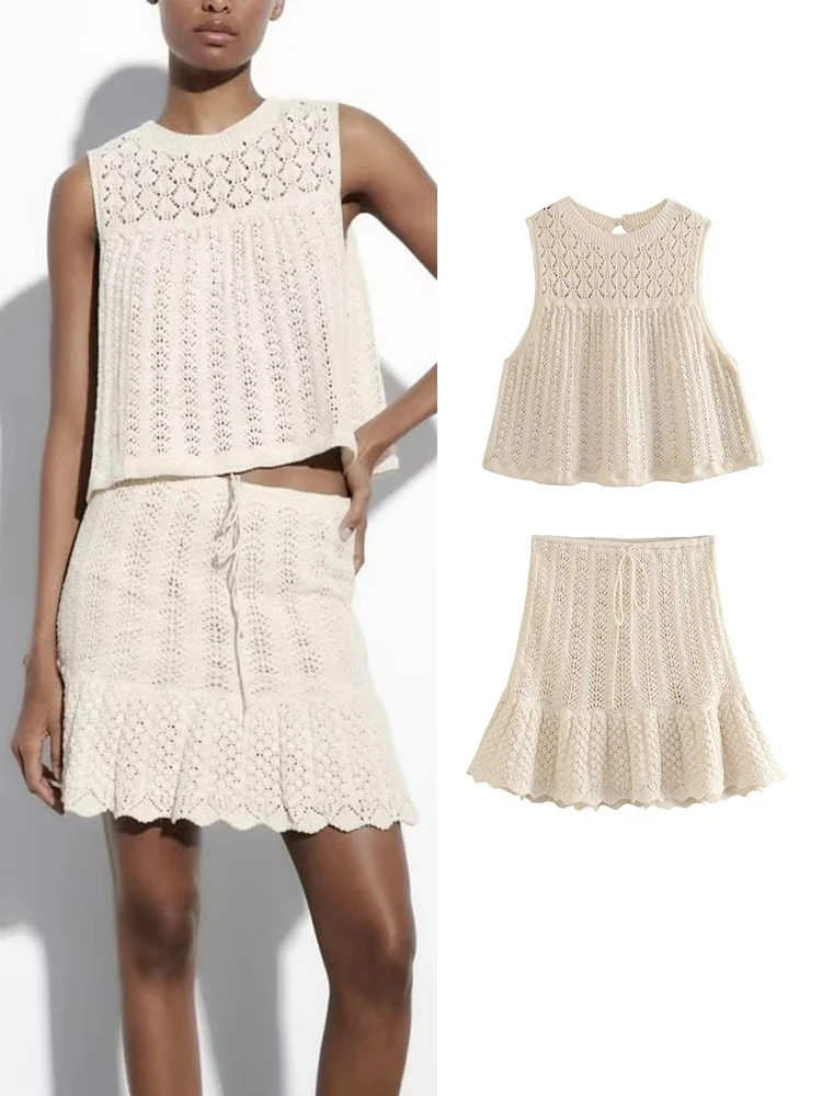 

Women Summer Mesh Jacquard Skirts Sets 2024 New Sweet Hollow Out O-neck Sleeve Loose Tops A-Line Drawstring Mini Skirts Set New