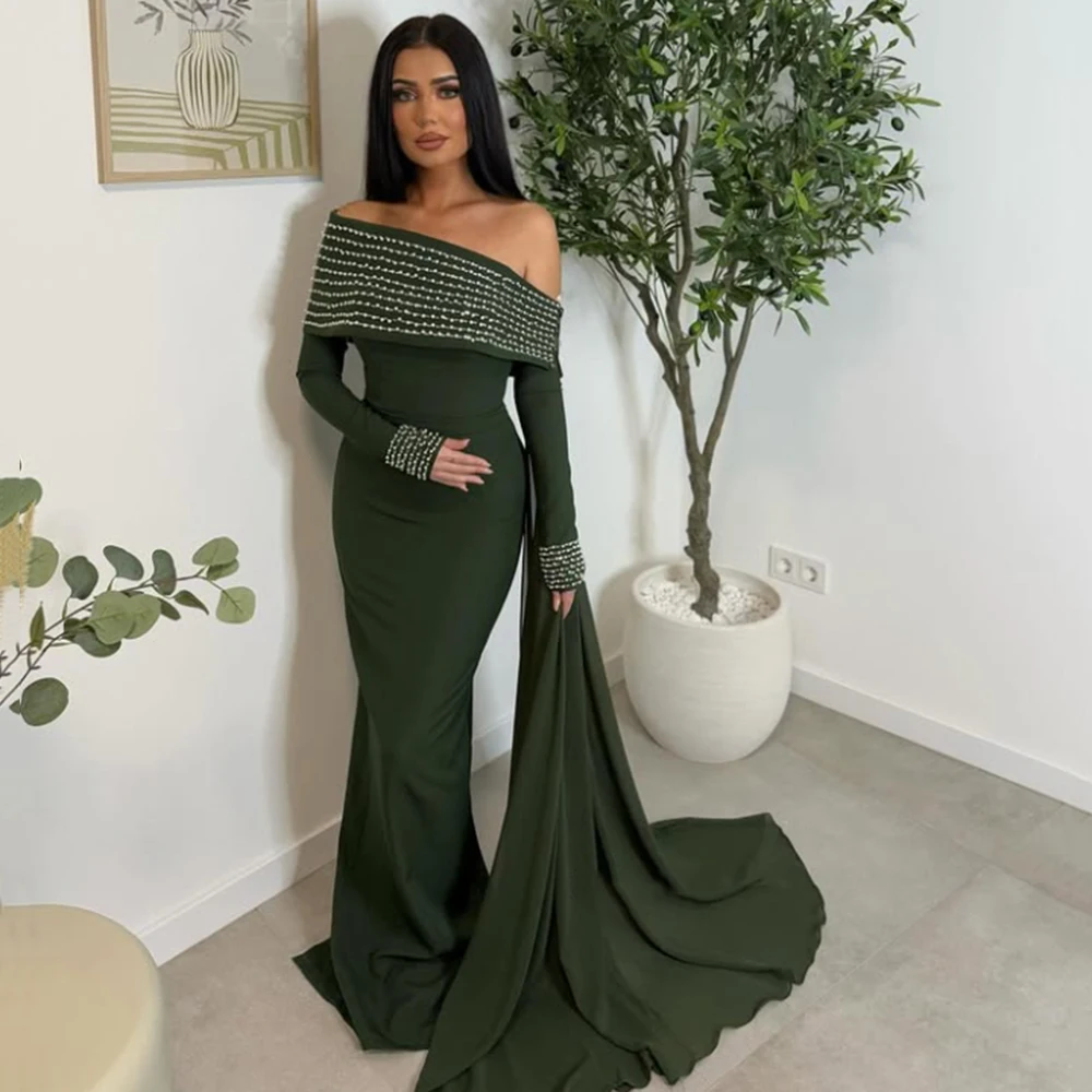 

Customized Navy Green Mermaid Sequined Sweep Train Evening Dress One-Shoulder Full Sleeves Floor Length Party Prom Gowns