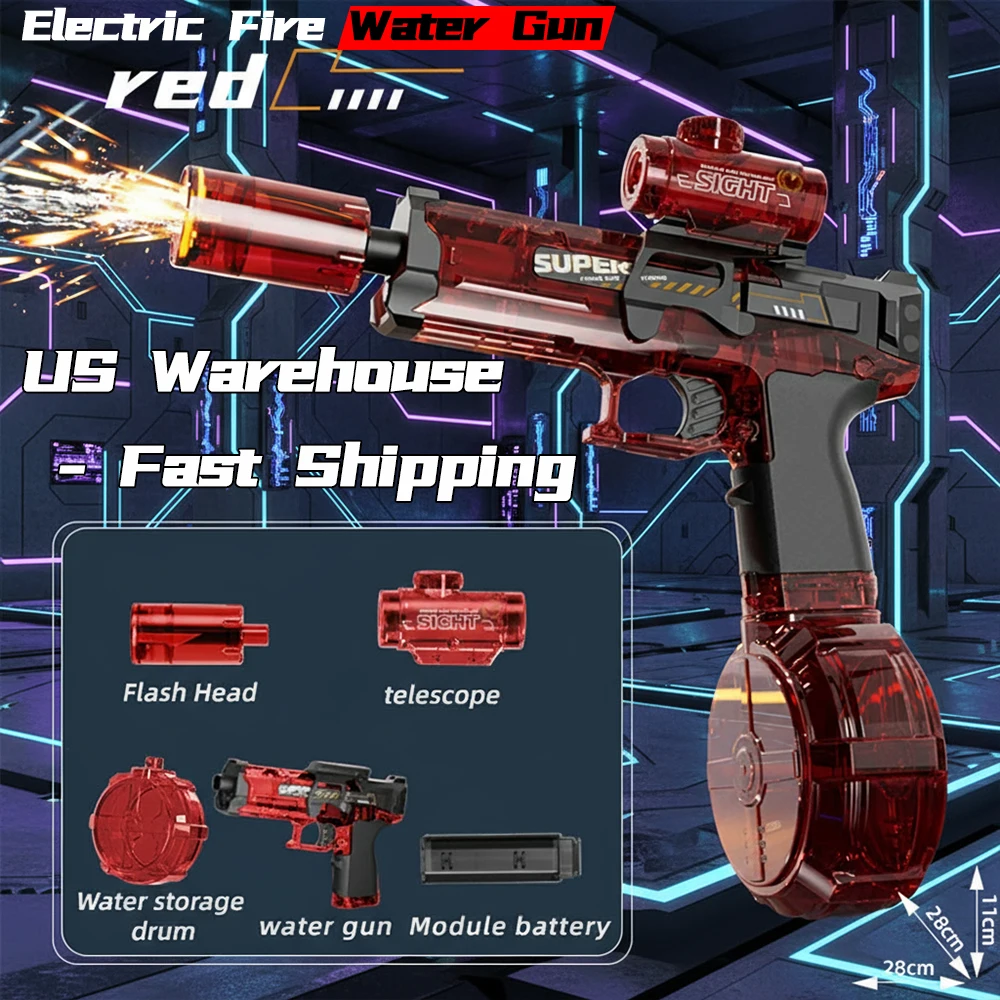 مسدس مياه كهربائي طويل المدى عالي السعة قابل لإعادة الشحن مع ضوء لهب LED ألعاب قتال المياه المحمولة للأطفال #4