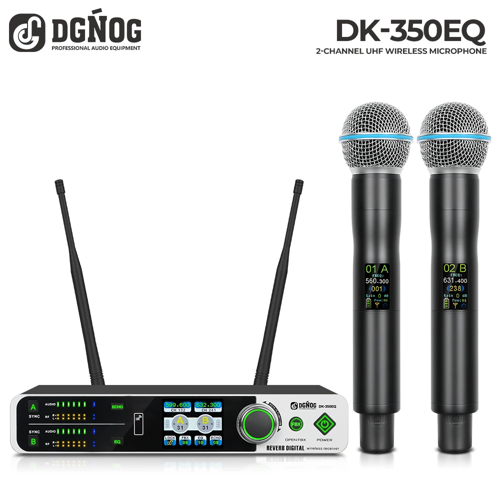 

UHF 2 Channel Wireless Handheld Microphone DGNOG DK-350EQ Reverberation EQ Adjustment Anti-howling for Small Performance Studios