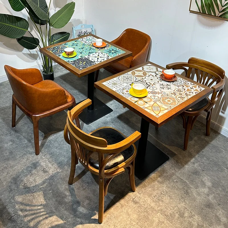 Industrial style retro cafe solid wood table and chair combination hot pot shop fusion cuisine western restaurant bar dessert sh