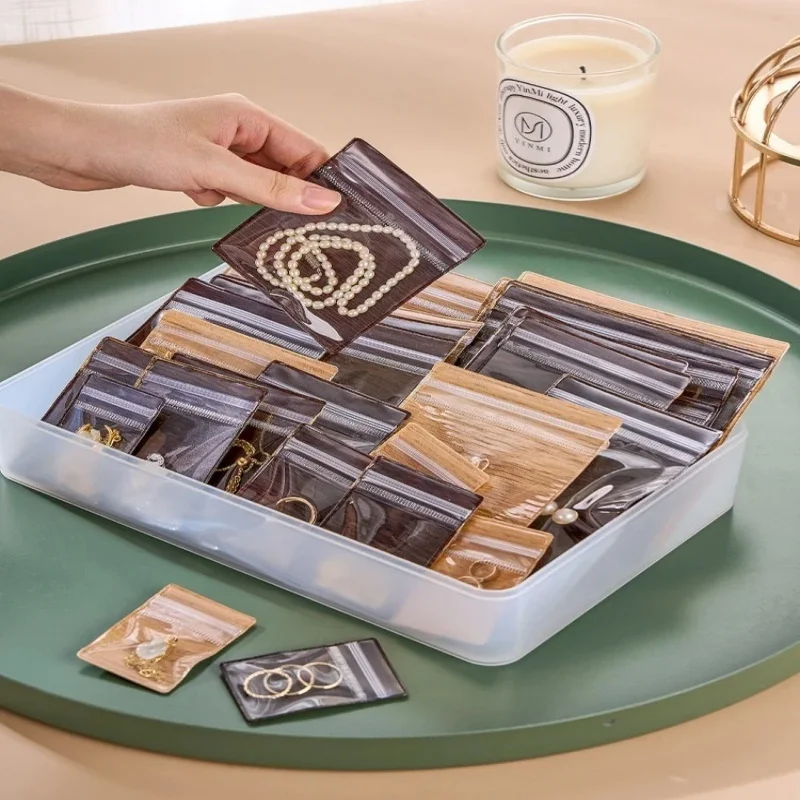 

100PCS Wood-Grain Storage Zip PVC Bag For Beaded Bracelets Jewelry Jade Articles DIY Small Ornaments Dustproof Sealable Pouches