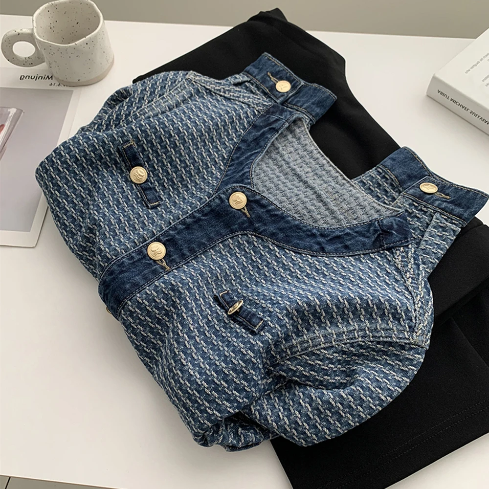 Round Neck Single Breasted Denim Jackets for Women Spring Trendy Blue White Tweed Denim Coats Button Design Casual Outerwear
