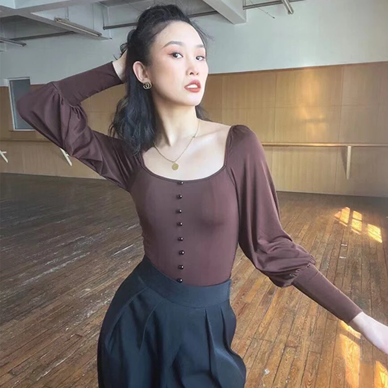 Square Neck Latin Dance Tops Long Sleeves Ballroom Dance Bodysuit Practice Clothes Rumba Cha Cha Dance Wear Black Tops BL10871