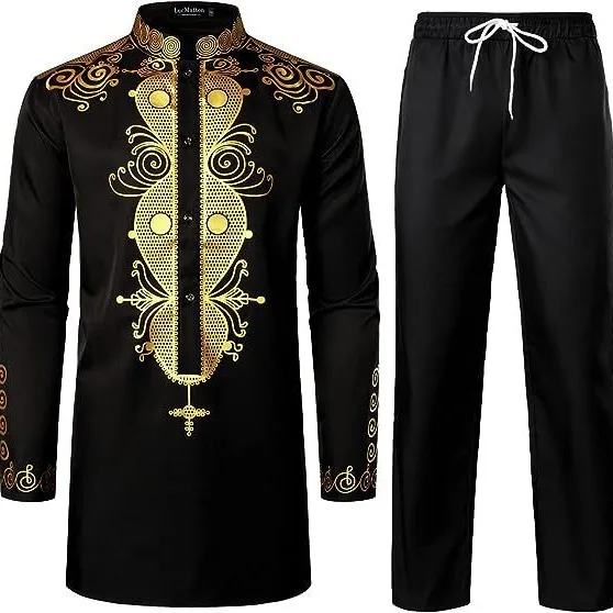 

Hot Stamping Men Middle East Sets Two Pieces Muslim Drawstring Pants Pockets Robe Stand Collar Outerwear Single Breasted