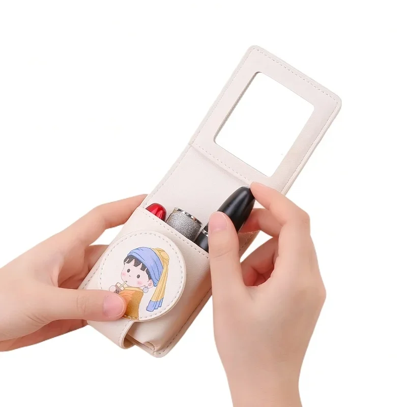 

Kawaii Travel Lipstick Organizer PU Leather Compact With Mirror Card Holder For Women