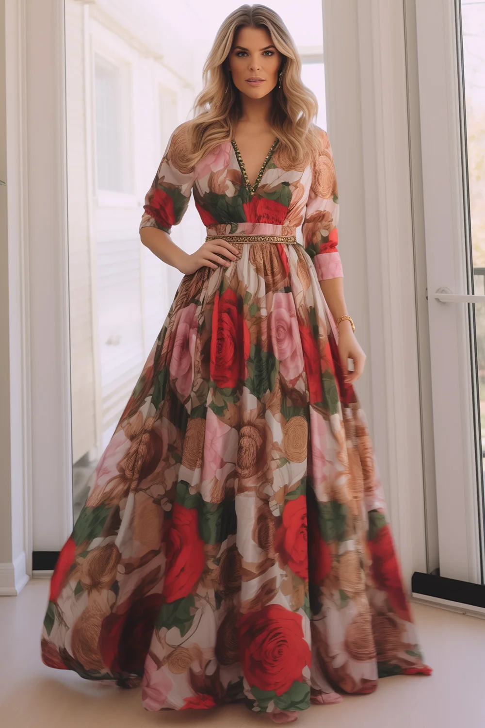 

Women's Wedding Guest Multicolor Chiffon Floral Print 3/4 Sleeve V Neck Maxi Dress