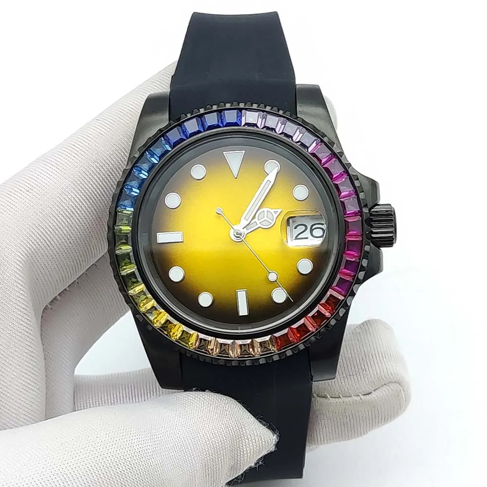 Men\'s Black Business Watch Featured Coloured Diamond Bezel Sapphire Glass Sterile Dial NH35 Automatic Mechanical Watch