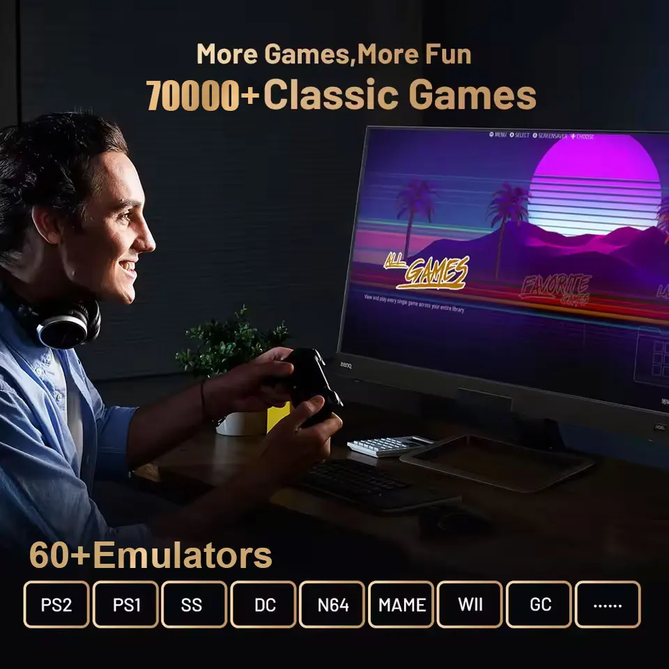 وحدة تحكم ألعاب 1 تيرا بايت X2 لـ PS2/PSP/N64/Wii/Gamecube/Saturn مع 70000+Games 60+ محاكيات التوصيل والتشغيل لوحدة التحكم اللاسلكية Win PC