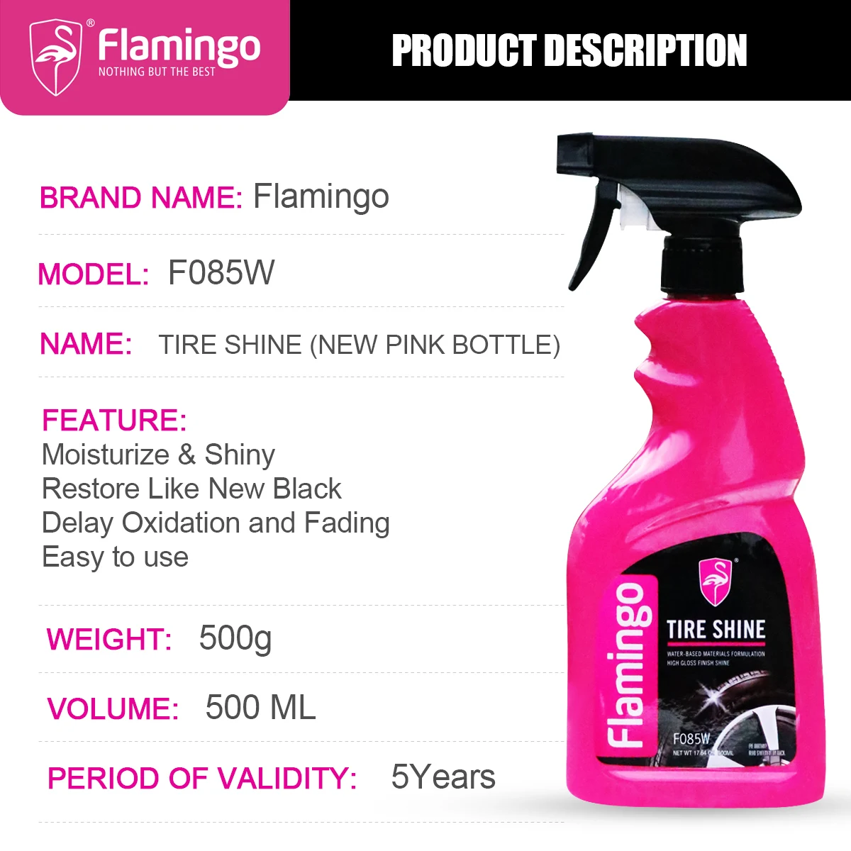 Flamingo F085 500ml Tire Shine Coatings Long Lasting Tyre Refurbishing Agent Cleaner High Gloss Wheel Gloss Spray Wax