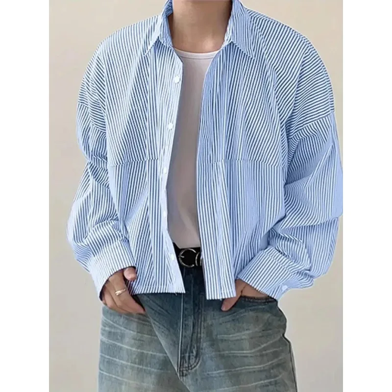 Fashion Vertical Striped Short Shirt For Men Streetwear Oversized Loose Long Sleeved Lapel Top Spring Autumn Versatile Shirts