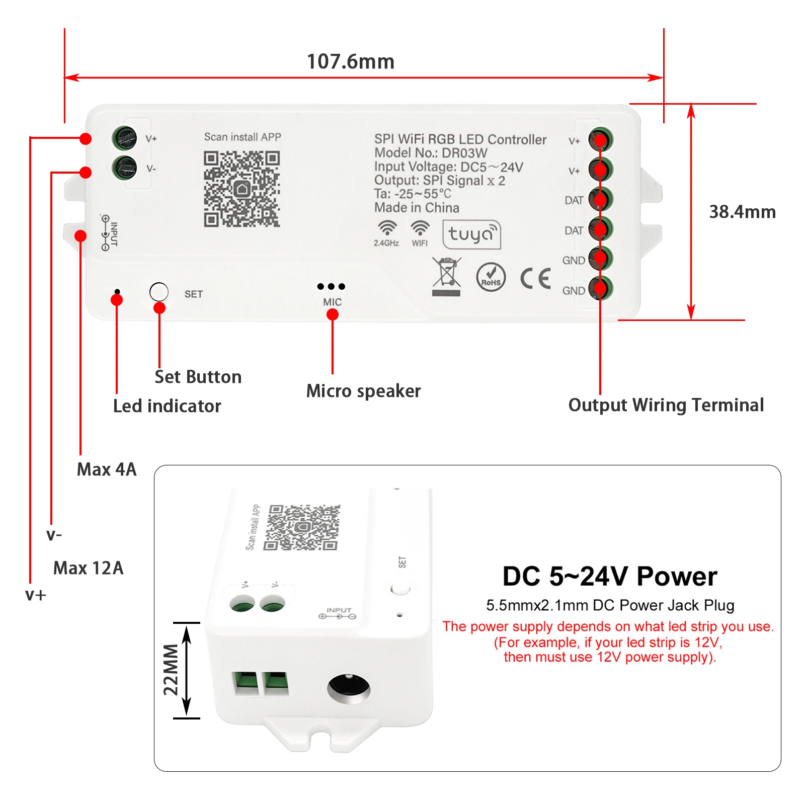 24V RGBIC Pixel LED Strip Addressable Dream Color 1-25m LED Strip Light kit Support Tuya Wifi APP 2.4G Remote Alexa Google Home