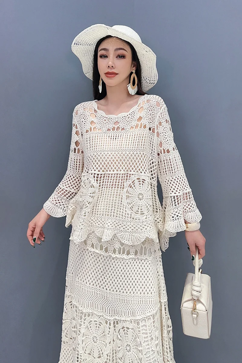 Vefadisa 2024 Spring/Summer New Lace Dress Set Hollow Out Top Long Dress Elegant Ladies Women Sets WXY095