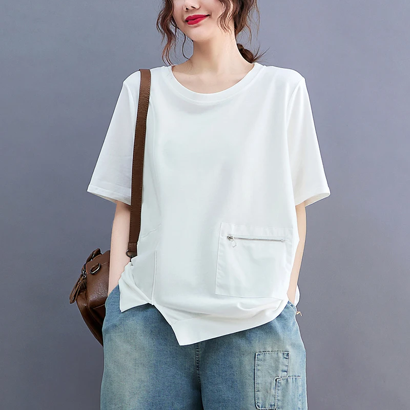 Faionable solto ort sve camiseta feminina plus size verão topo assimétrico bainha design sensação casual mistura de algodão