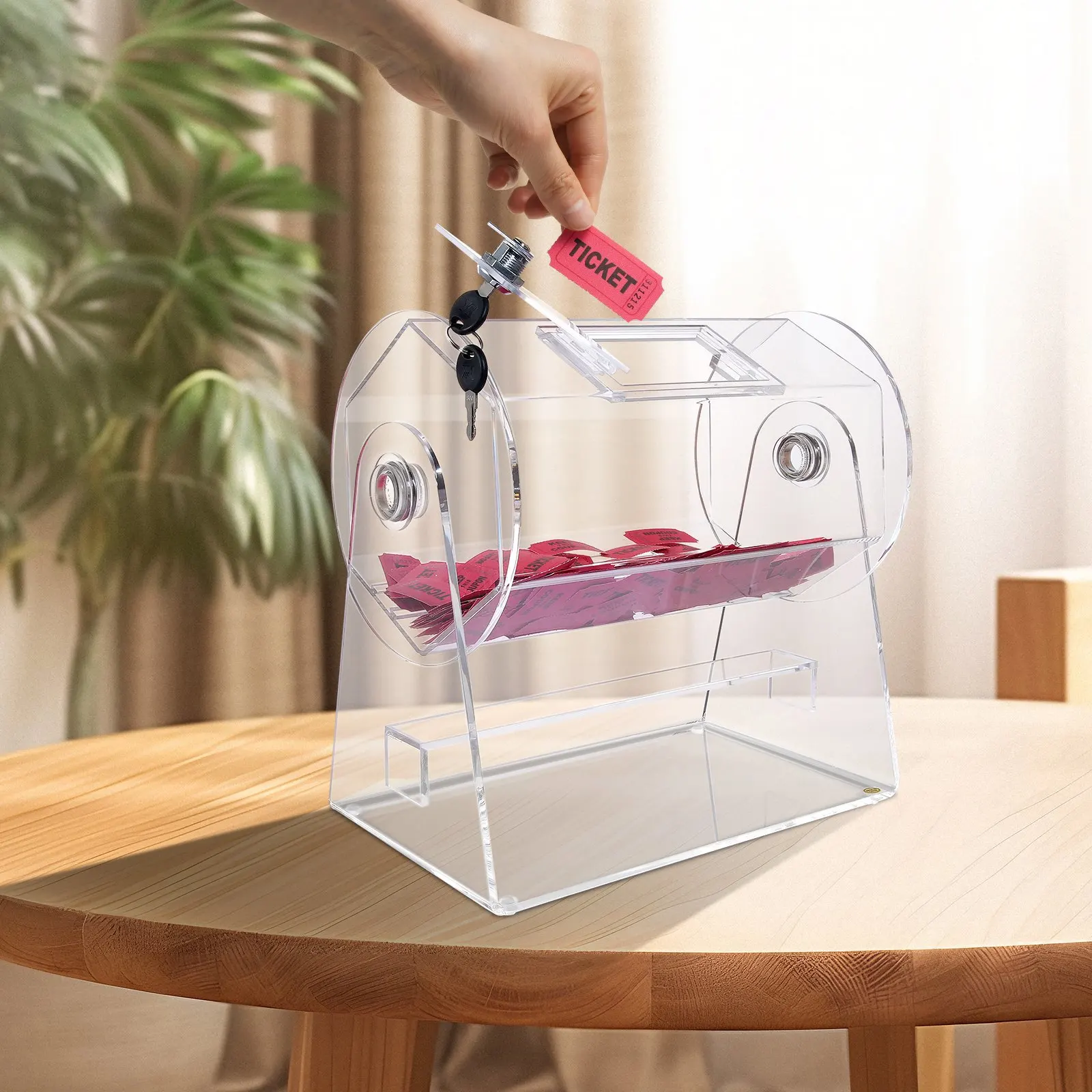 

Acrylic Raffle Drum, Professional Raffle Ticket Spinning Cage with 2 Keys, Transparent Lottery Spinning Drawing, Holds 2500 T