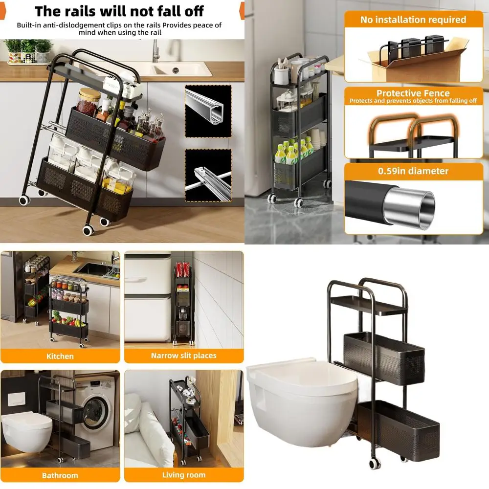 

3-х уровневая тележка для хранения на колесиках с выдвижной металлической корзиной, идеально подходящая для кухни, ванной комнаты и организации белья (черная)