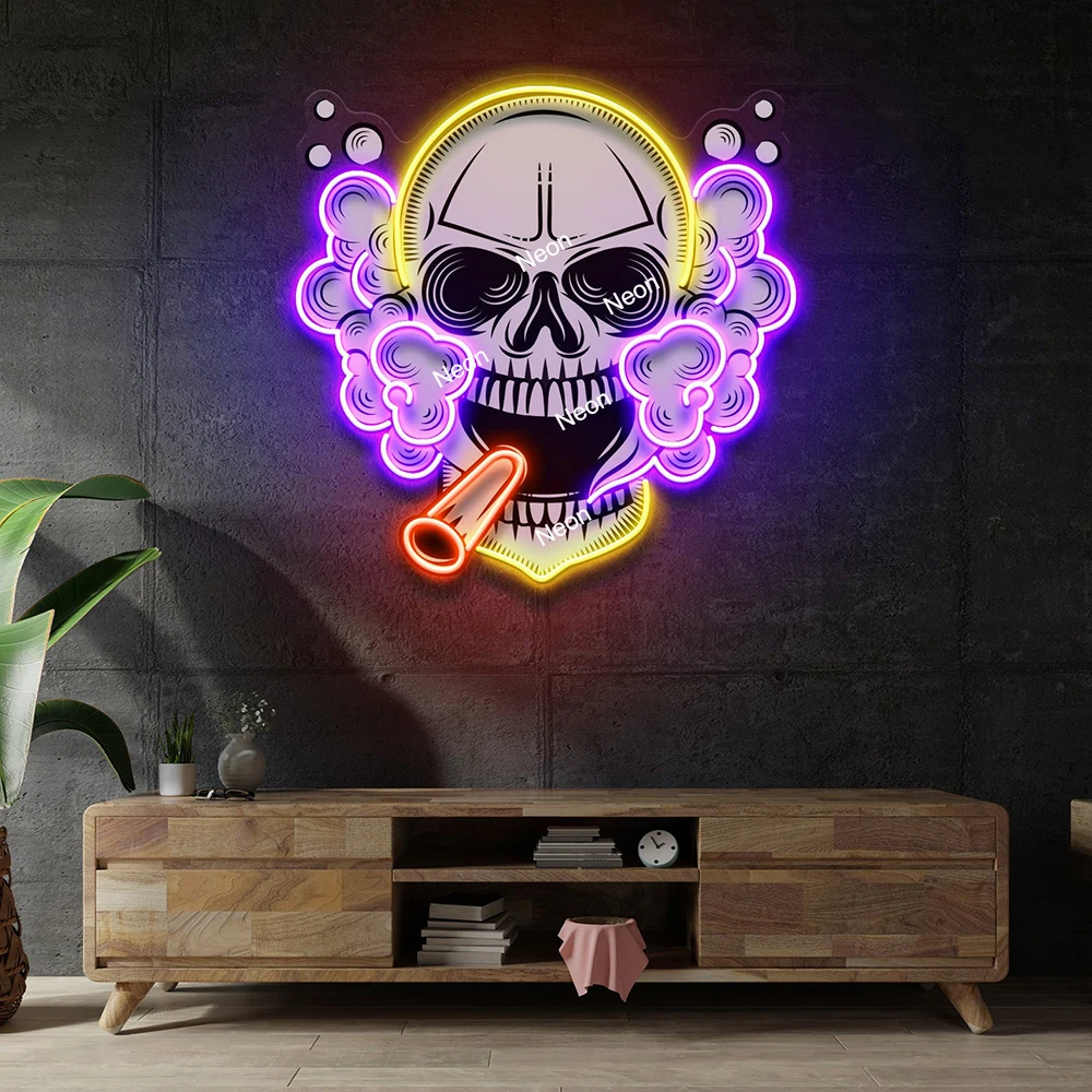 Skull Smoke Led Sign Custom Smoking Shop Bar Club Wall Decor LED Light Sign Window Hanging Business Neon Light Decoration