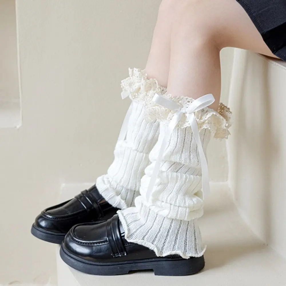 

Casual Harajuku Bow Ribbon Leg Warmers Solid Color Long Stockings Knitted Foot Cover Sweet Kawaii Lolita Knitted Socks Winter