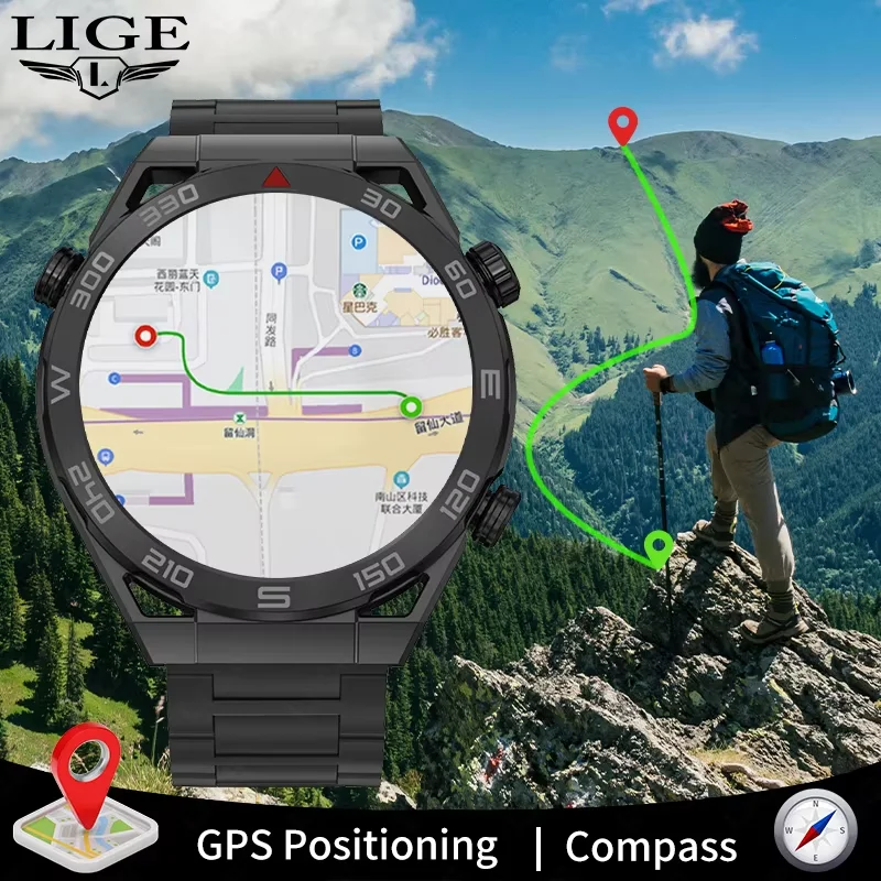 LIGE GPS Smart Watch Men Bluetooth Call IP68 Waterproof Dustproof 1.5 inch HD Display Compass Sports Smartwatch For Android IOS