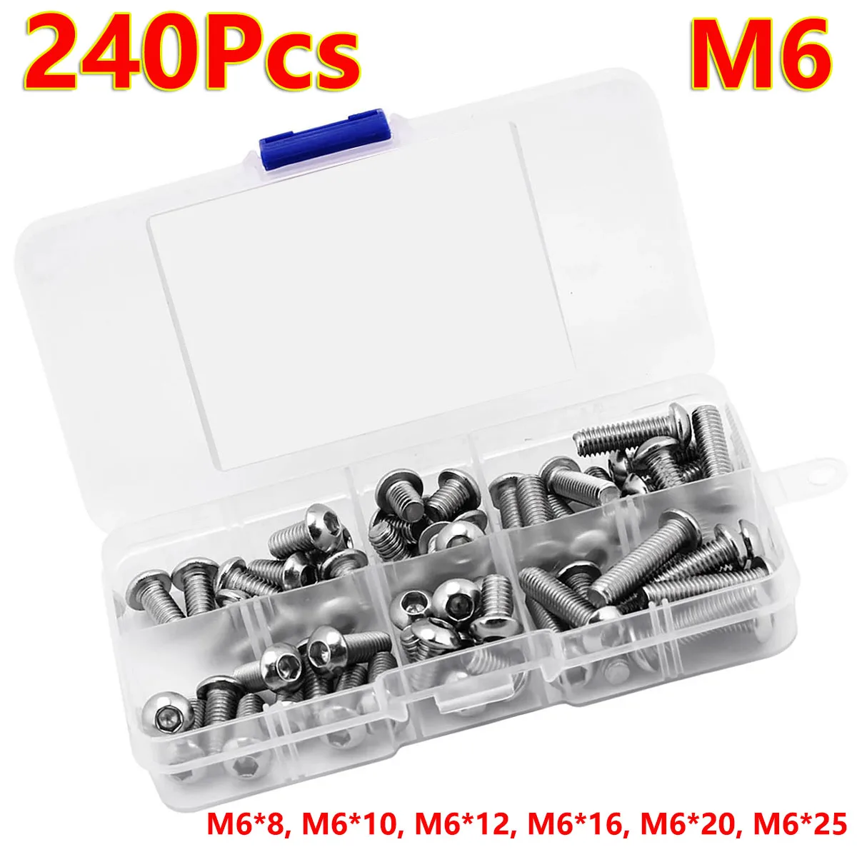 

240Pcs M6*8 M6*10 M6*12 M6*16 M6*20 M6*25 Round Stainless Steel Hex Socket screw Button Head Allen Bolt Screws Nut Assortment