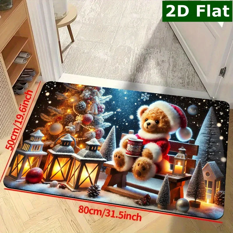 1pc Rectangular Christmas Teddy Bear Warm Night Welcome Area Rug, Non‑Slip Easy‑to‑Clean Entry Mat for Kitchen