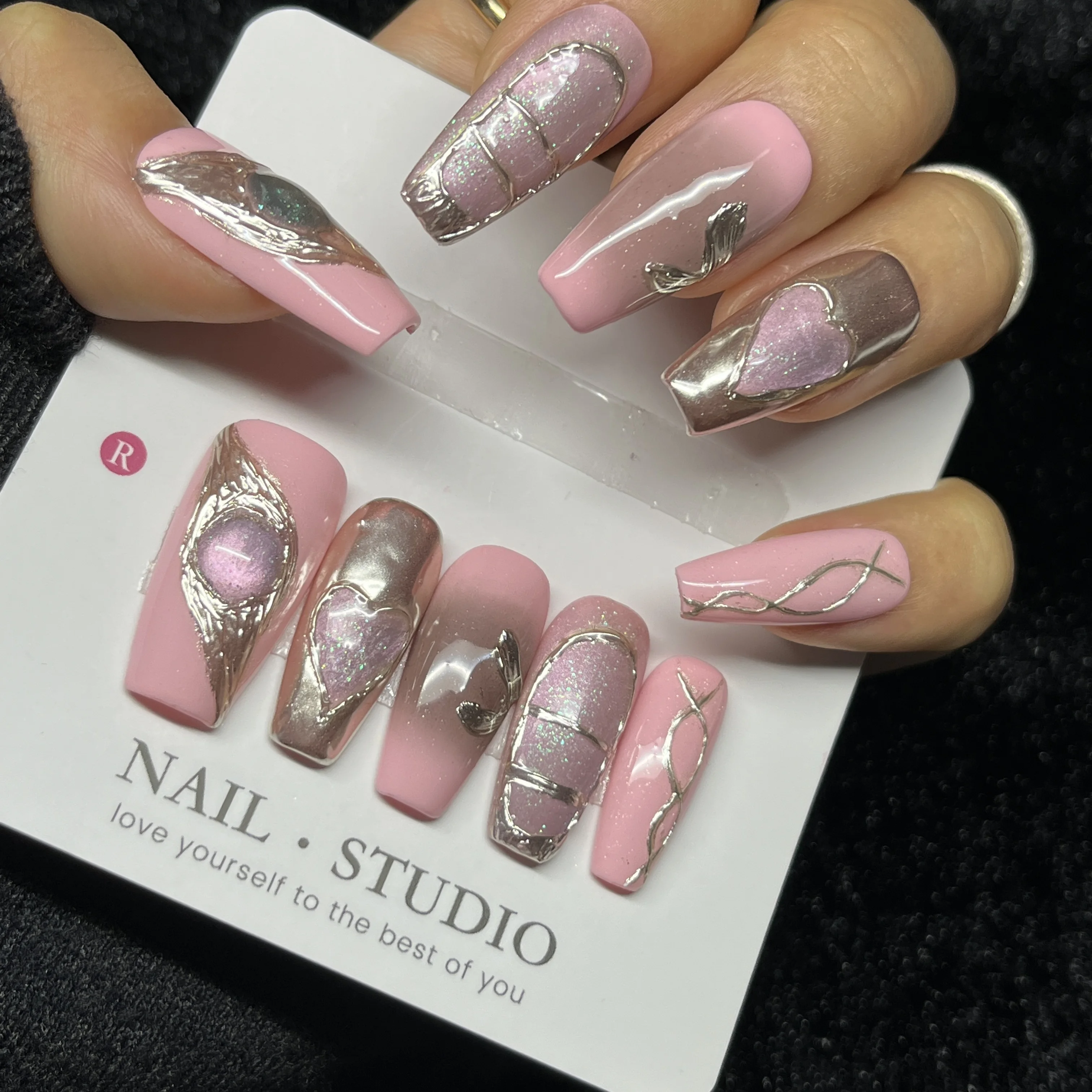 

10 шт., длинный пресс для гроба на ногтях, милые крутые геометрические розовые, черные звезды с металлическими деталями, острые накладные ногти ручной работы для девочек