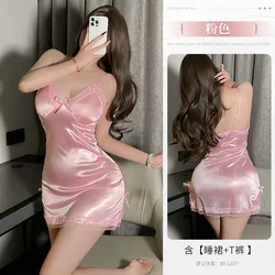 Kadın erotik V boyun tam kayma Babydoll iç çamaşırı saten pürüzsüz pijama askı NightdressSexy gecelik pijama See Through