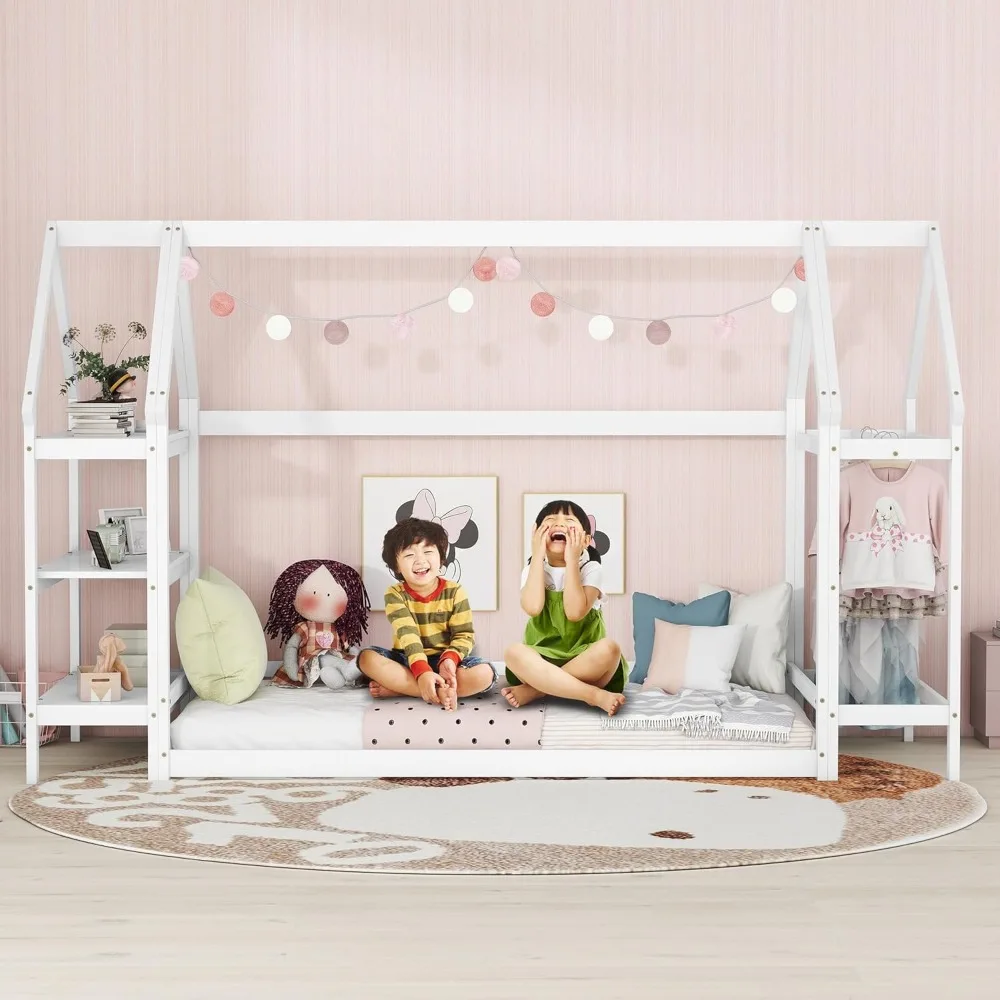 Twin Floor Bed for Kids, Wood House Floor Bed Frame with 2 Detachable Stands, Twin Size House Bed for Children Girls, Boys