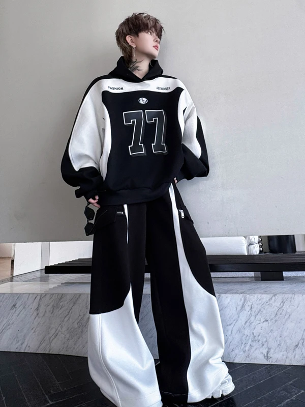 

Fall American Retro Baskeall Outfit Hoodie Pants Two-Piece Set Couple Casual Sportswear Long Sve Wide Leg Letter Print