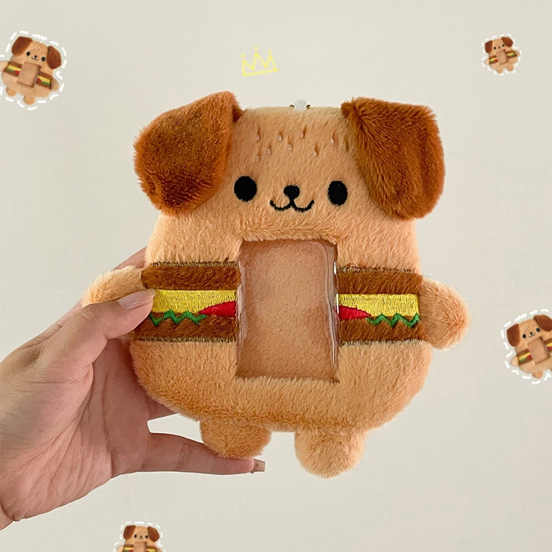 

1PC Burger Dog Plush Photo Card Holder Cartoon Animal Keychain Bus Card Photo Display Pendant Women Keyring For Students