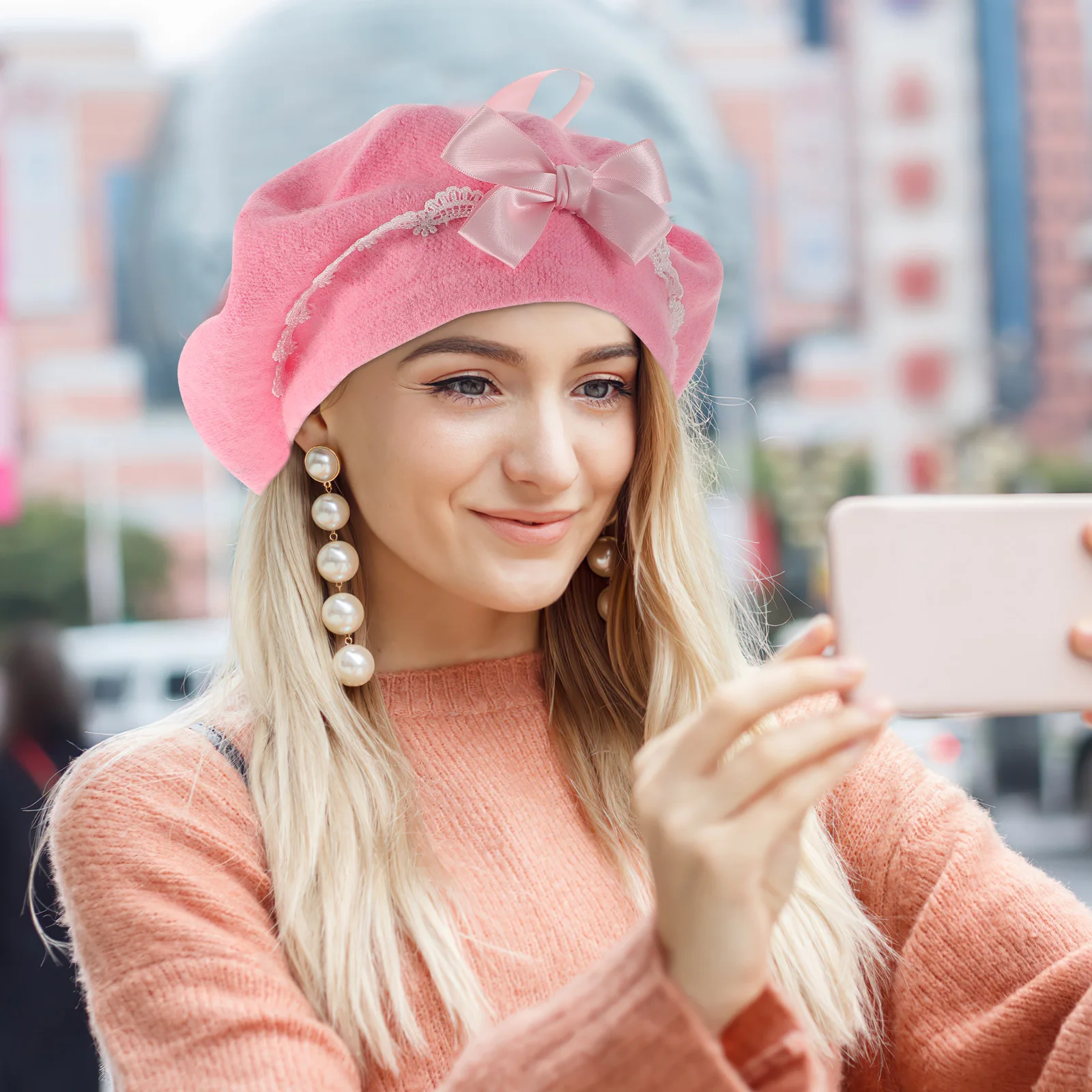 

1pc Sweet Bow Wool Beret Hat Fashion Kawaii Headwear For Girls Women Lolita Accessory Decorative Party Winter Daily Wear