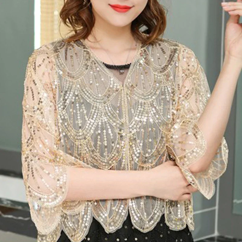 Women Jacket 2024 V-neck Short Cardigan Women Little Shawl Cape Summer Short Sleeve Sequins Hollow Lace Dress Shawl Jackets Z354