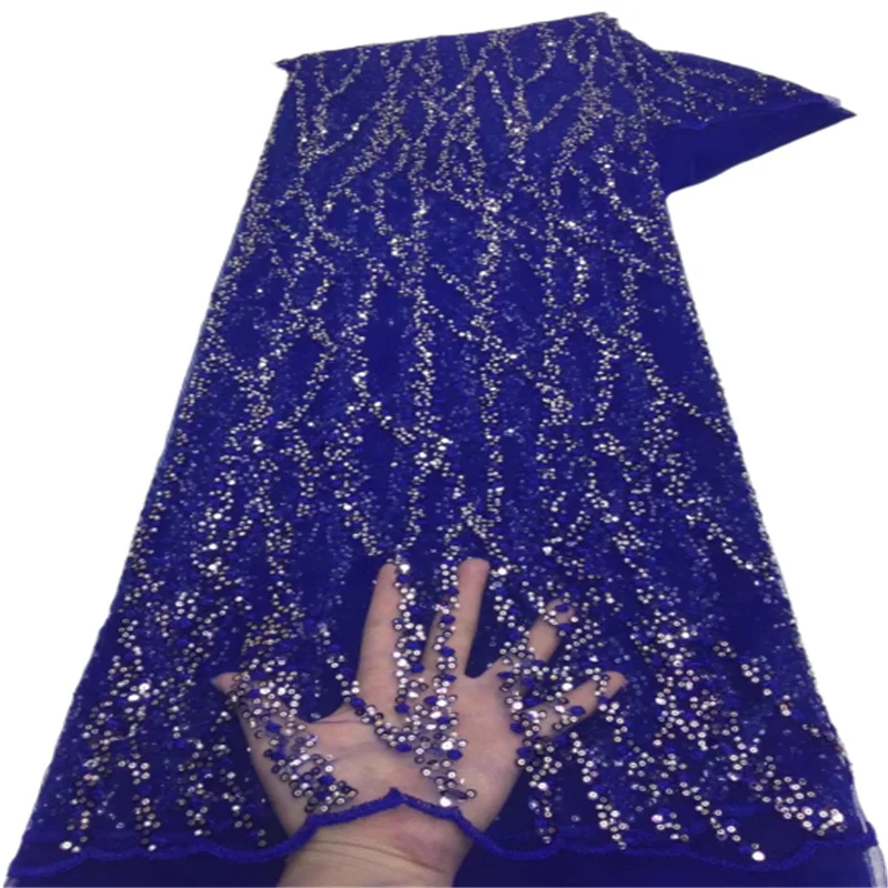 

Latest African Lace Fabric 2022 High Quality Tulle Lace Royal Blue Gold Sequins Nigerian Lace Fabric For Wedding Party Dress