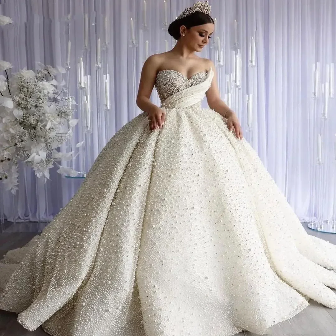 Customized Vintage Sweetheart Handwork Full Pearls Luxury Wedding Dresses  Vestidos Elegantes Para Mujer Ballgown Bridal Gown