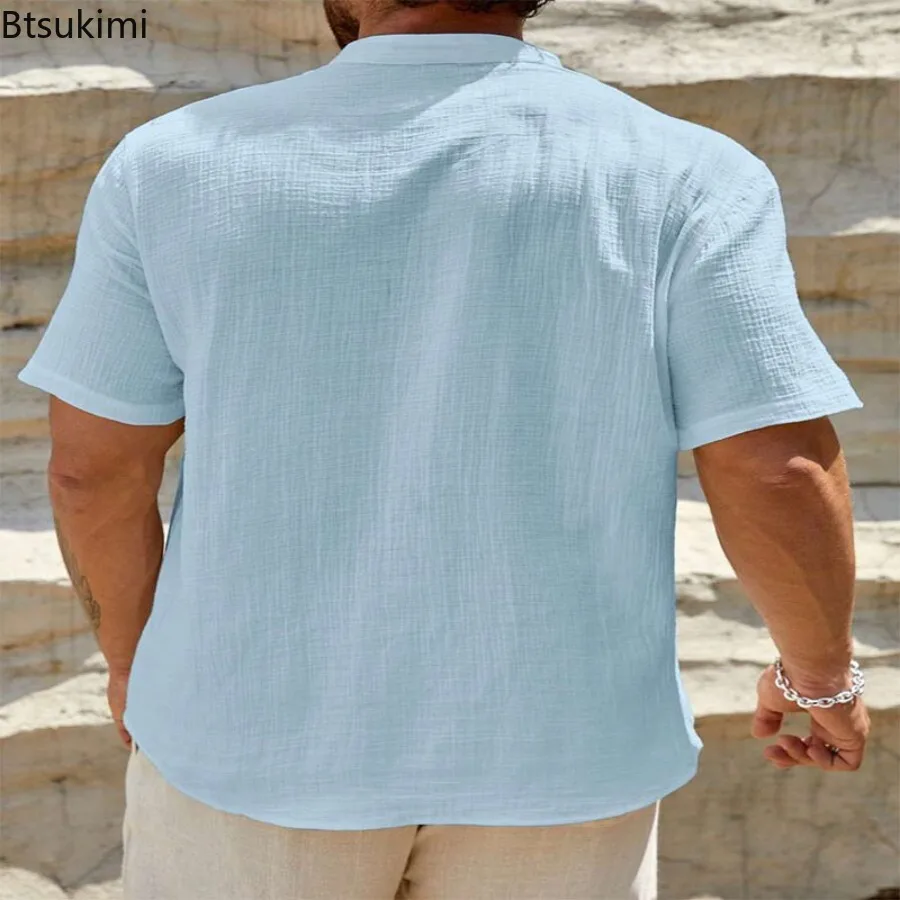 Summer New Style Men's Casual Shirt Solid Fashion Cotton Linen Trend High Quality Short Sleeve Cuban Territory Collar Shirt Top