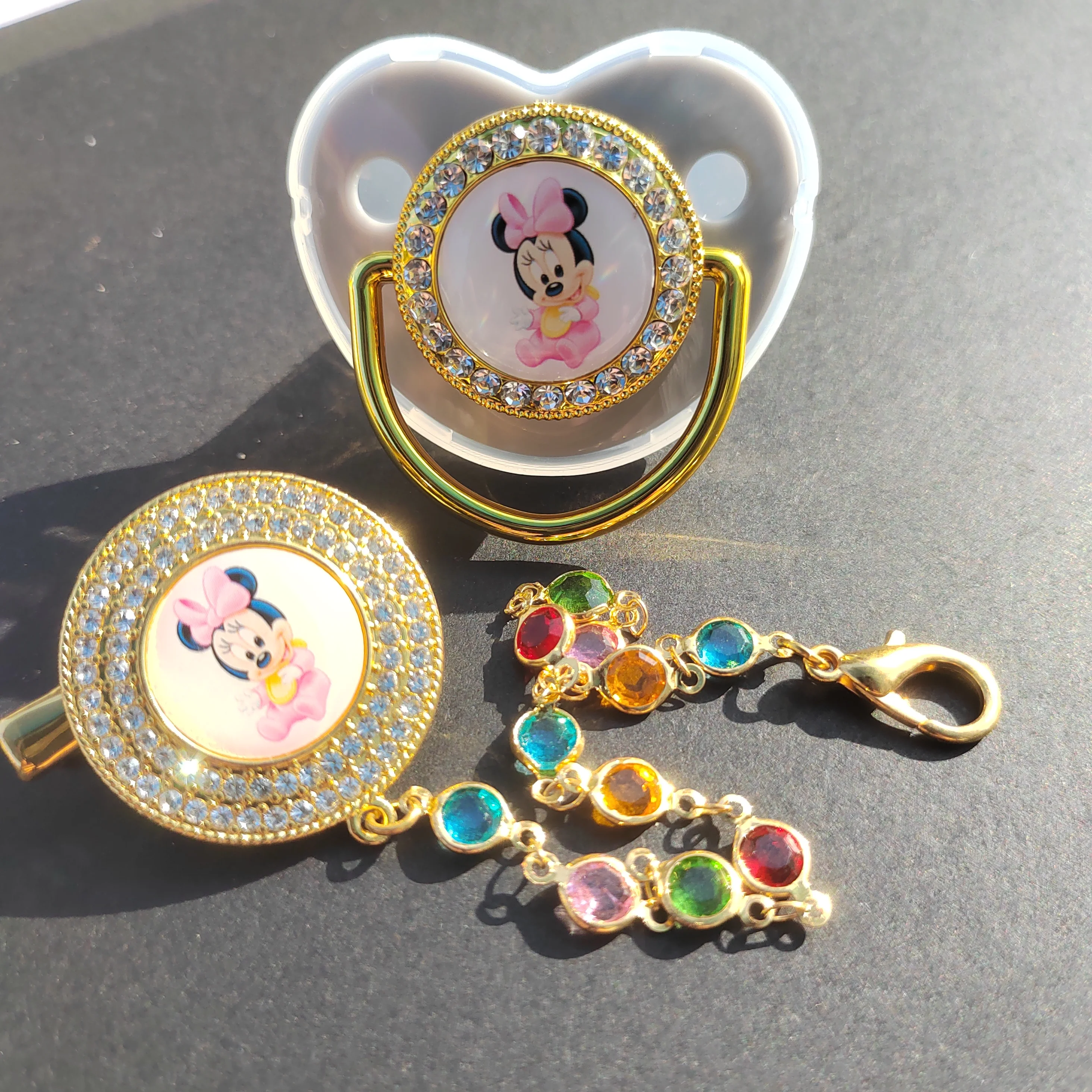 [Wysokiej jakości] Disney Mini obraz smoczek dla niemowląt z łańcuszkiem noworodek BPA silikonowy smoczek błyszczący Rhinestone Baby teether