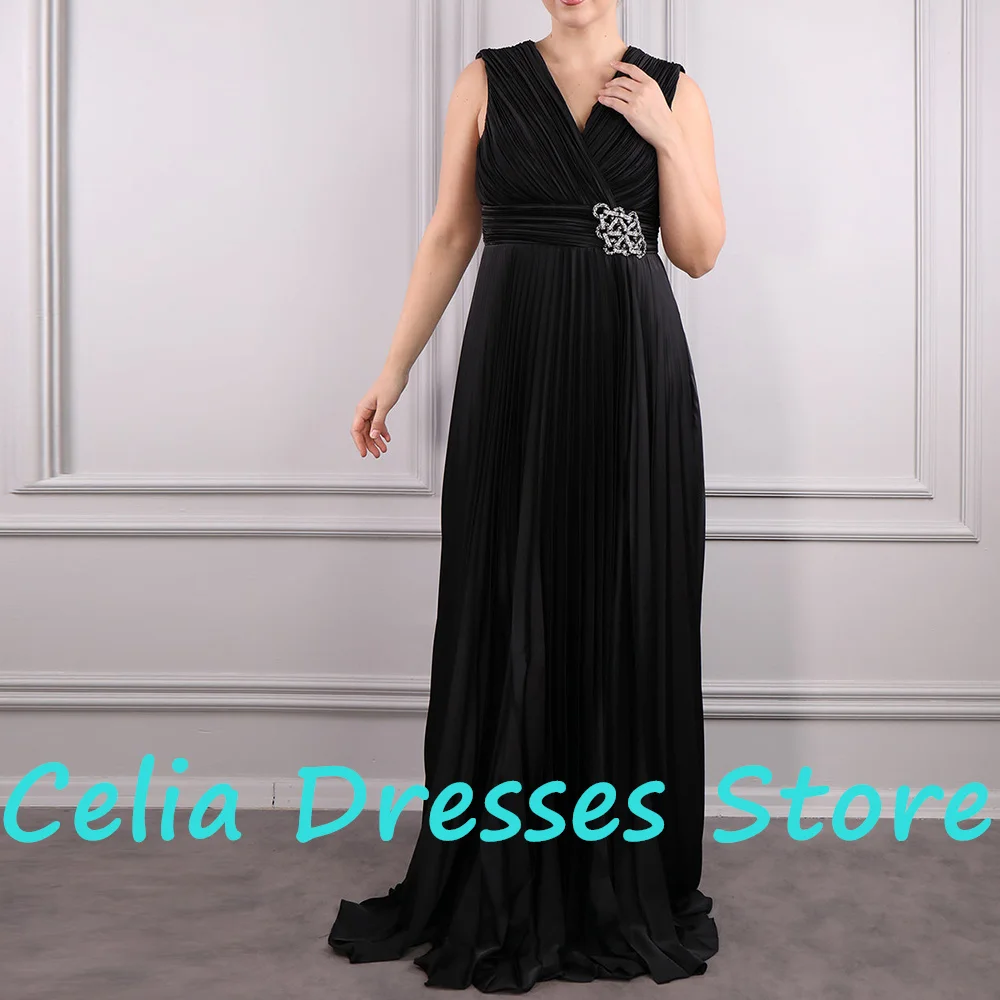 V Neck Straight Floor Length Satin Sleeveless Pleats Sweep Train Solid Color Classic Celebrity Dress Bespoke Occasion Gowns 2024