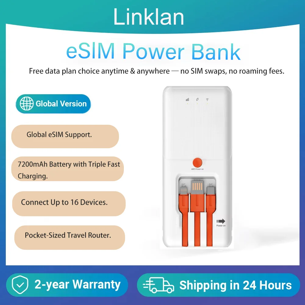 

Linklan 10000 мАч eSIM Power Bank и портативная точка доступа Wi-Fi — 4G CAT6 300 Мбит/с, поддержка 16 устройств, настройка QR-кода для глобальных путешествий