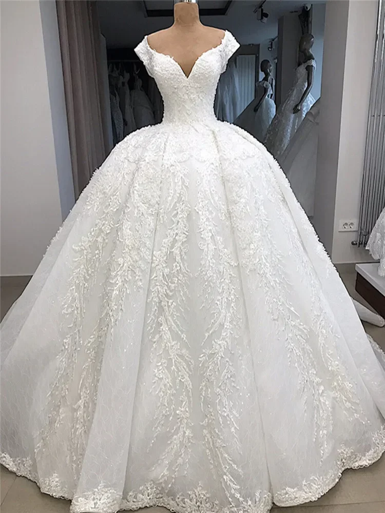 

Customized New 2025 Lace Shinny Sequins Wedding Dress Elegant Vestido De Casamento Off The Shoulder Ballgown Puffy Bridal Gown