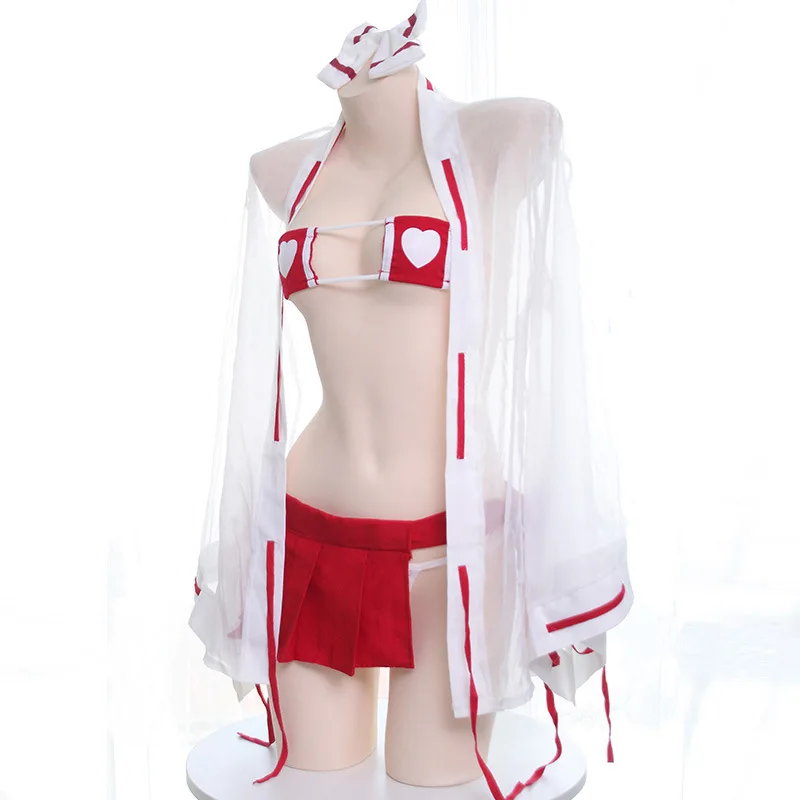 Mulheres Japonesas Psychic Anime Cosplay Fantasias, Vestido Kimono, Uniforme de Bruxa, Terno de Meninas Bonitos, Sexy Coração Bikini Lingerie Set